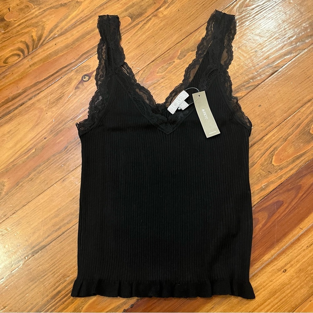 JCrew Lace-Trim Ribbed Y2K Tank Top Bottom Ruffles Black‎ Classic size M - Picture 5 of 16
